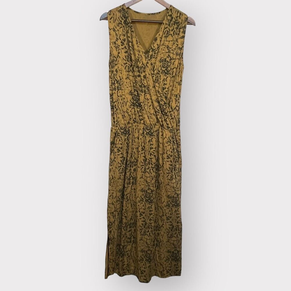 Garnet Hill Maxi Dress Women M Gold Boho Snakeskin Print Sleeveless Pockets P22‎
